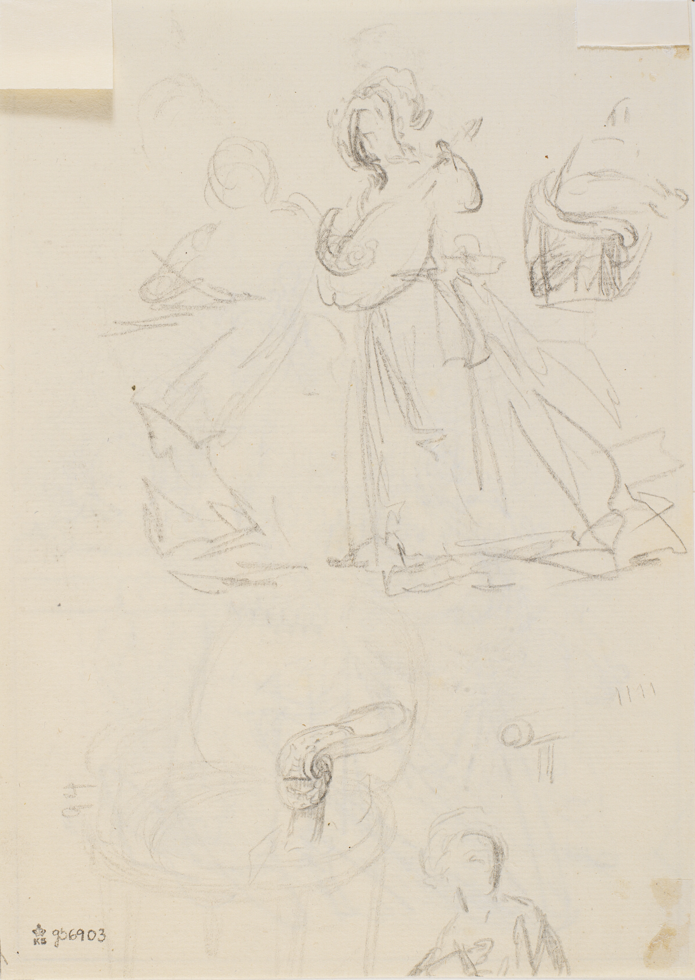 Figurstudier af en stående dame med instrument og en stol